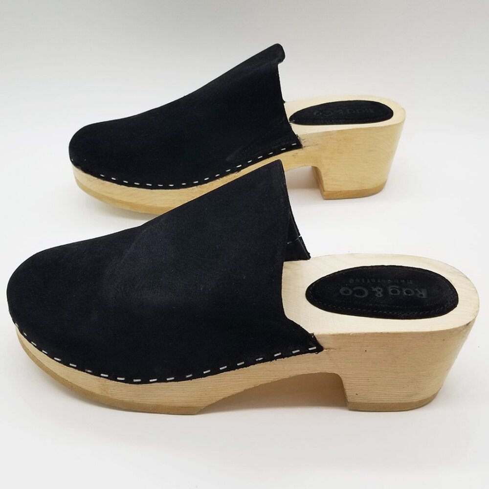 Rag & Co Black Suede Wooden Clog Mules